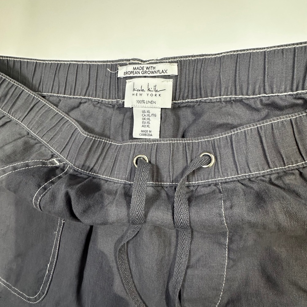 Nicole Miller 100% Linen Cargo Pants Gray XL Elastic Waist Joggers New - Picture 6 of 12